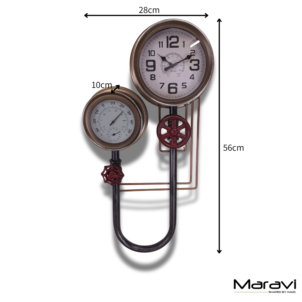 Baded Pipe Industrial Wall Clock and Thermometer