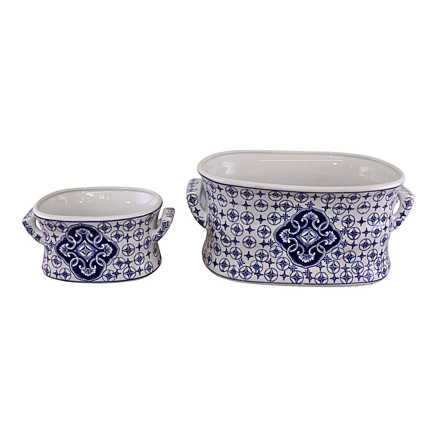 Set of 2 Ceramic Footbath Planters, Vintage Blue & White Circular Design