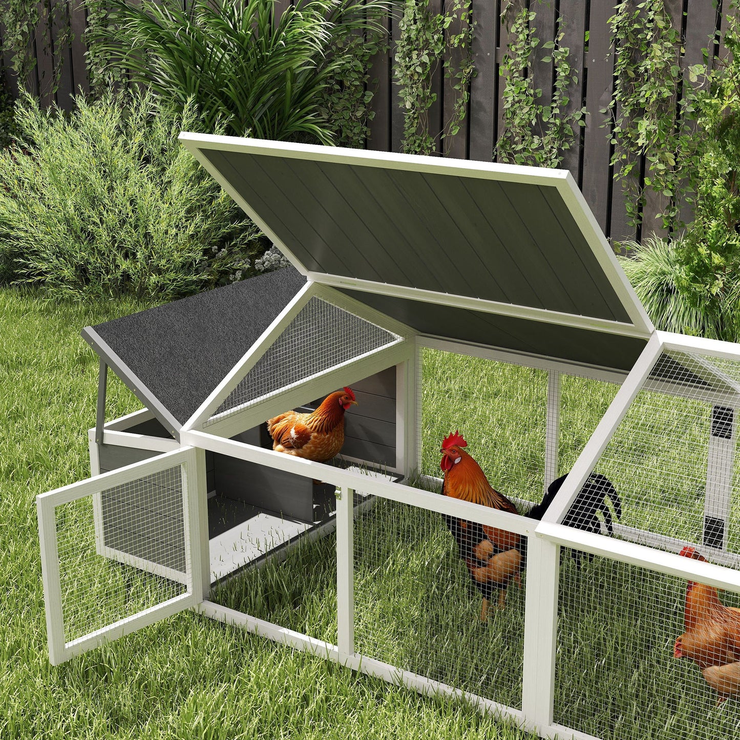 PawHut Wooden Chicken Run with Nesting Box, Openable Roof, for 4-8 Chickens