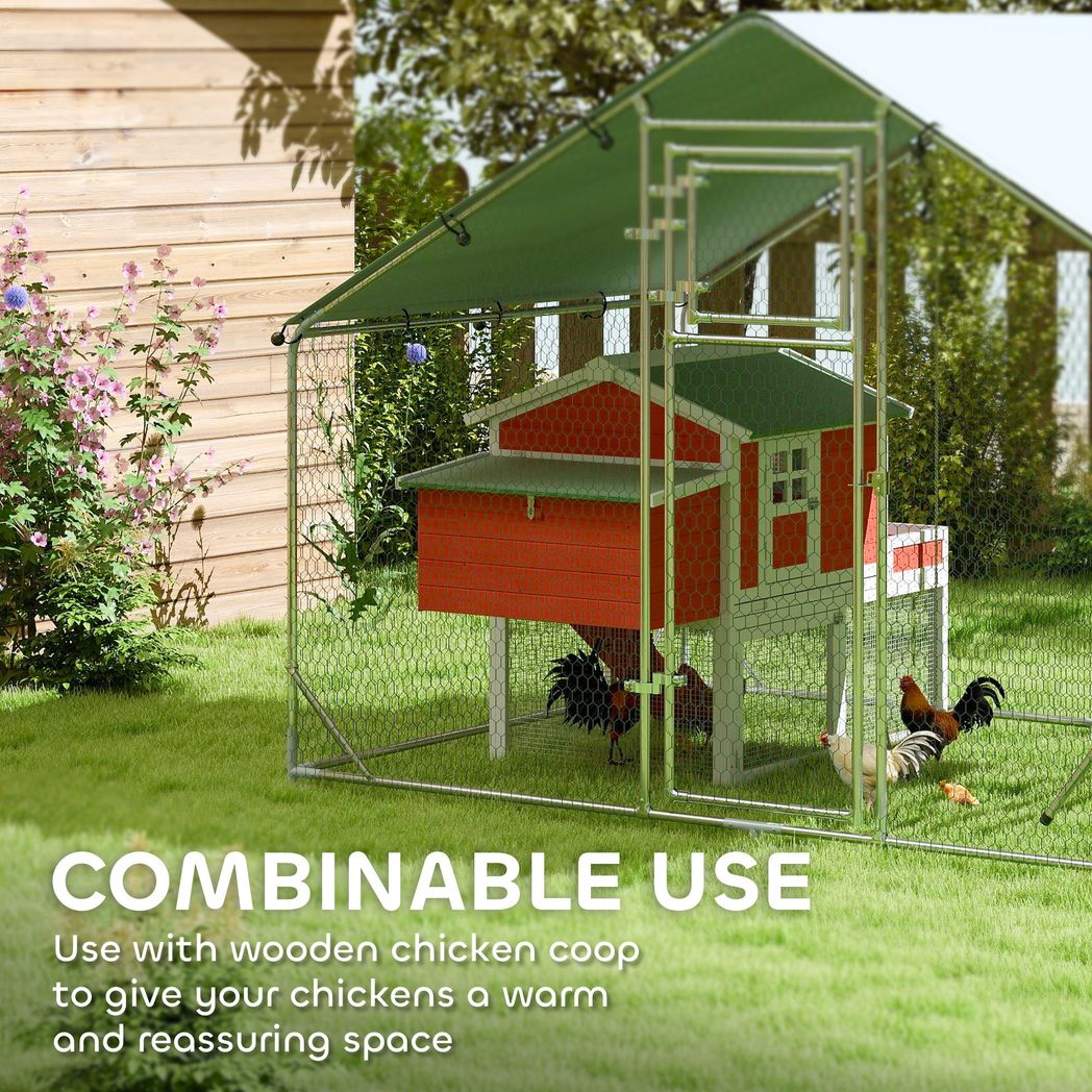 PawHut Walk in Chicken Run w/ Cover, Hanging Feeder, Perch, for 6-8 Chickens