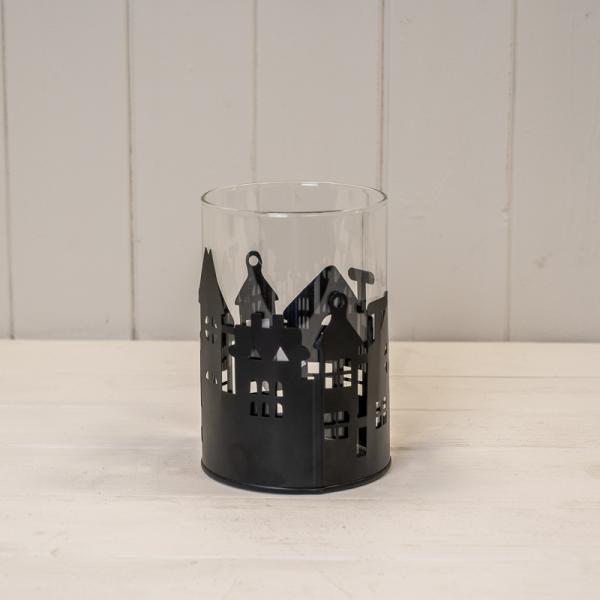 Medium Black Metal House Scene Candle Holder with Glass Insert