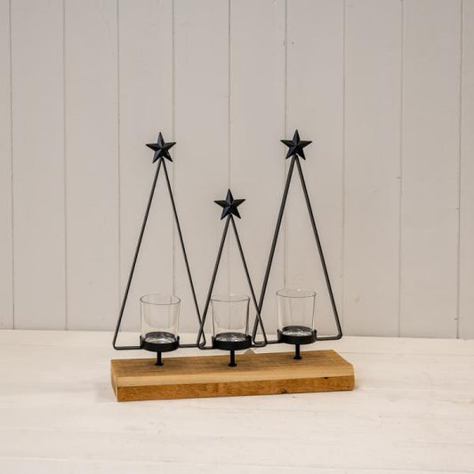 Black Metal Triple Tree Tealight Holder on Wooden Base