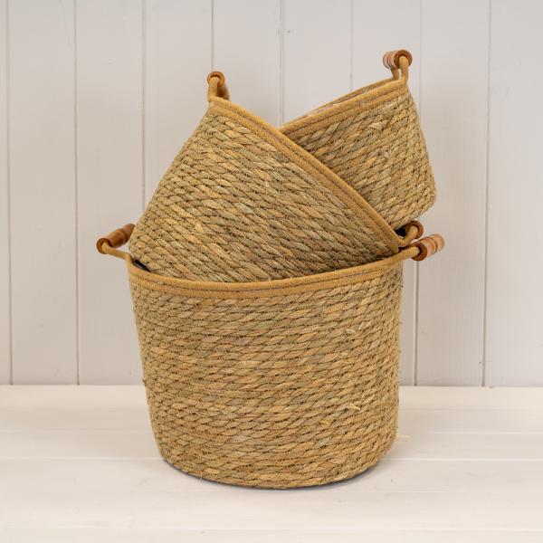 Set of 3 Natural Rope & Grass Storage Basket L: L30cm W30cm H23cm M: L27cm W27cm H21cm S: L22cm W22