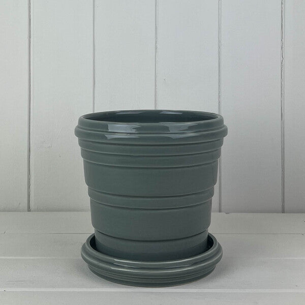 Grey Ribbed Ceramic Pot and Saucer D16cm H14.5cm Weight-870g