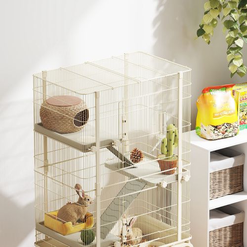 PawHut 4 Levels Rolling Small Animal Cage, Rabbit Cage with 15cm Deep Bottom