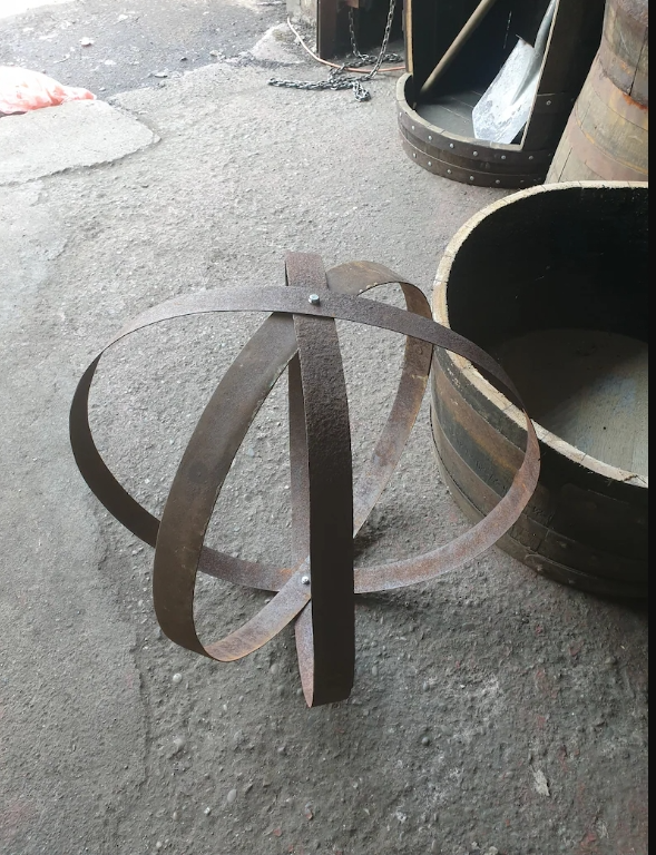 Garden Metal Sphere Sculpture – Reclaimed Whisky Barrel Hoops 57–65cm