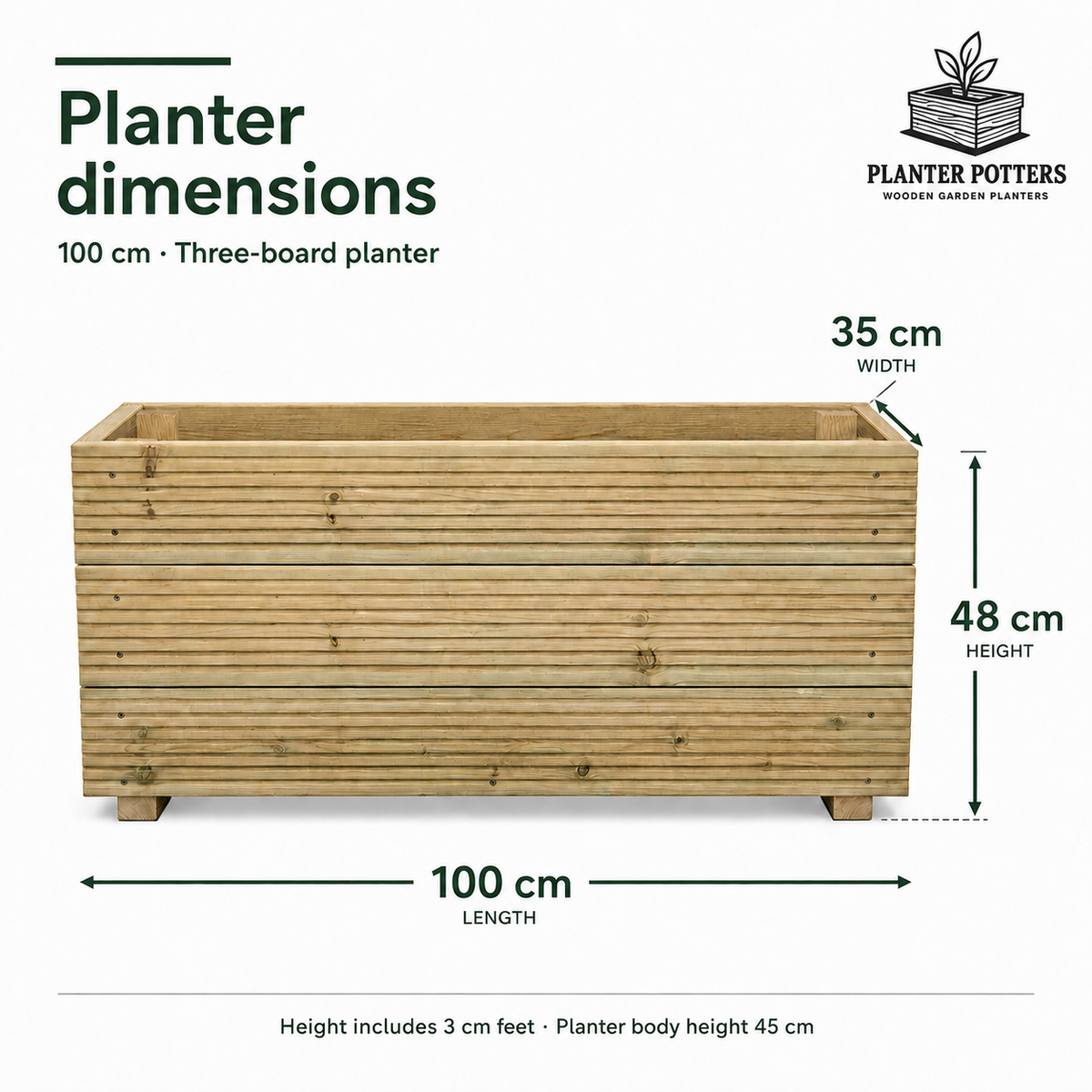 1 meter Wooden Decking Planter – Triple-Board 100 × 35 × 48 cm