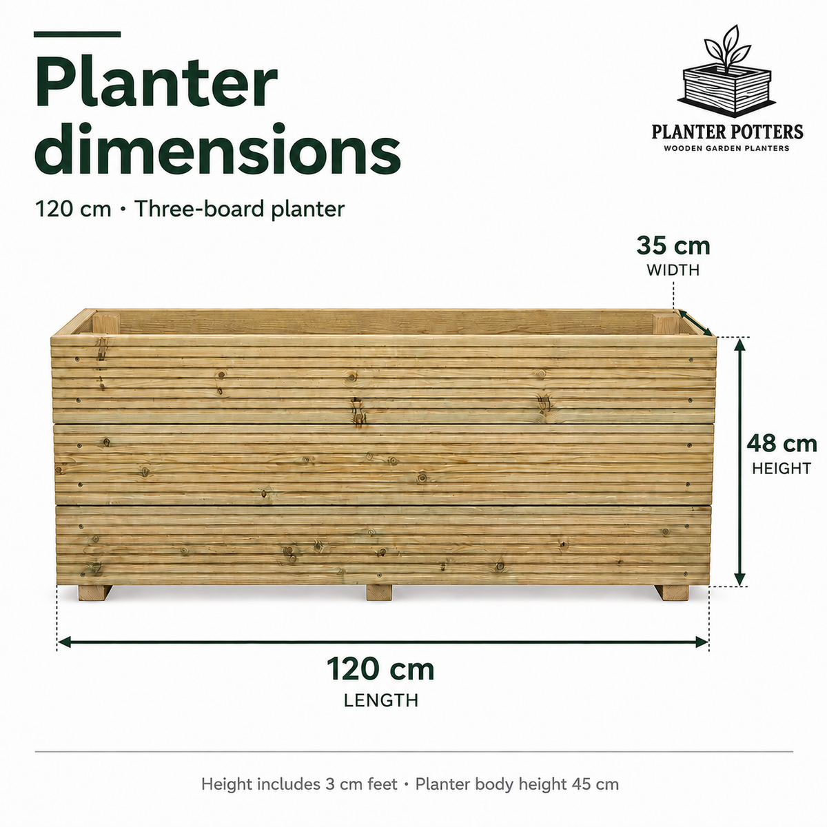 4ft Long 3 Board High Wooden Decking Planter –  120 × 35 × 48 cm