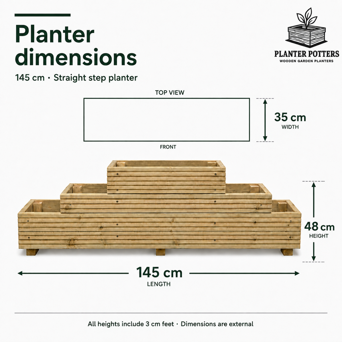 Large 3-Tiered Straight Wooden Decking Planter