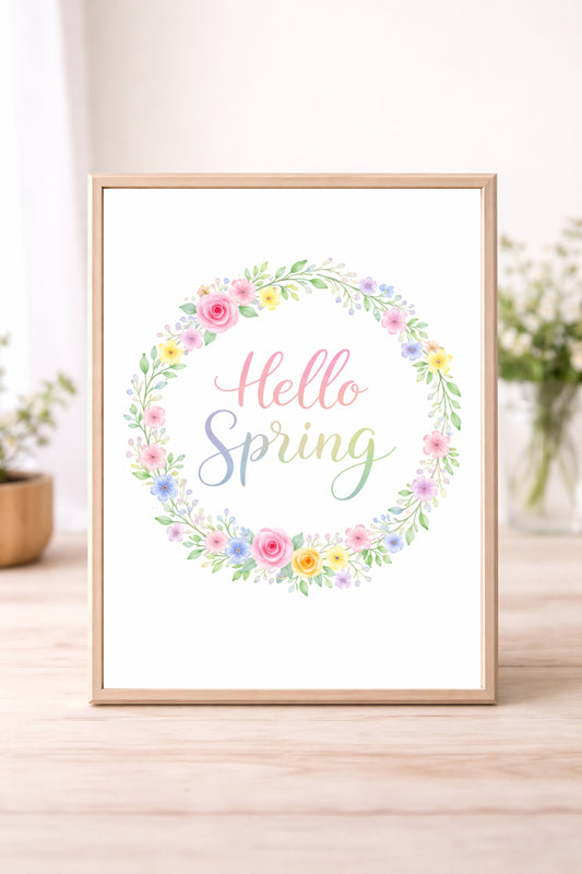 Hello Spring Floral Wreath Wall Art – Pastel Spring Quote Print, Watercolour Flower Home Decor