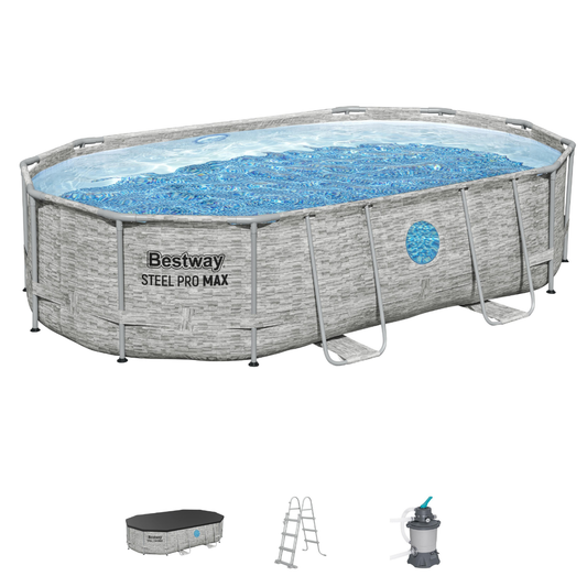 Bestway 16ft x 10ft x 42" Oval Steel Pro MAX™ Splashview Above Ground Swimming Pool, Sand Filter Pump & Accessories