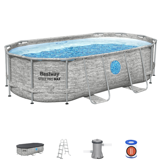 Bestway 14ft x 8ft 2" x 39.5" Oval Steel Pro MAX™ Splashview Above Ground Swimming Pool, Filter Pump & Accessories