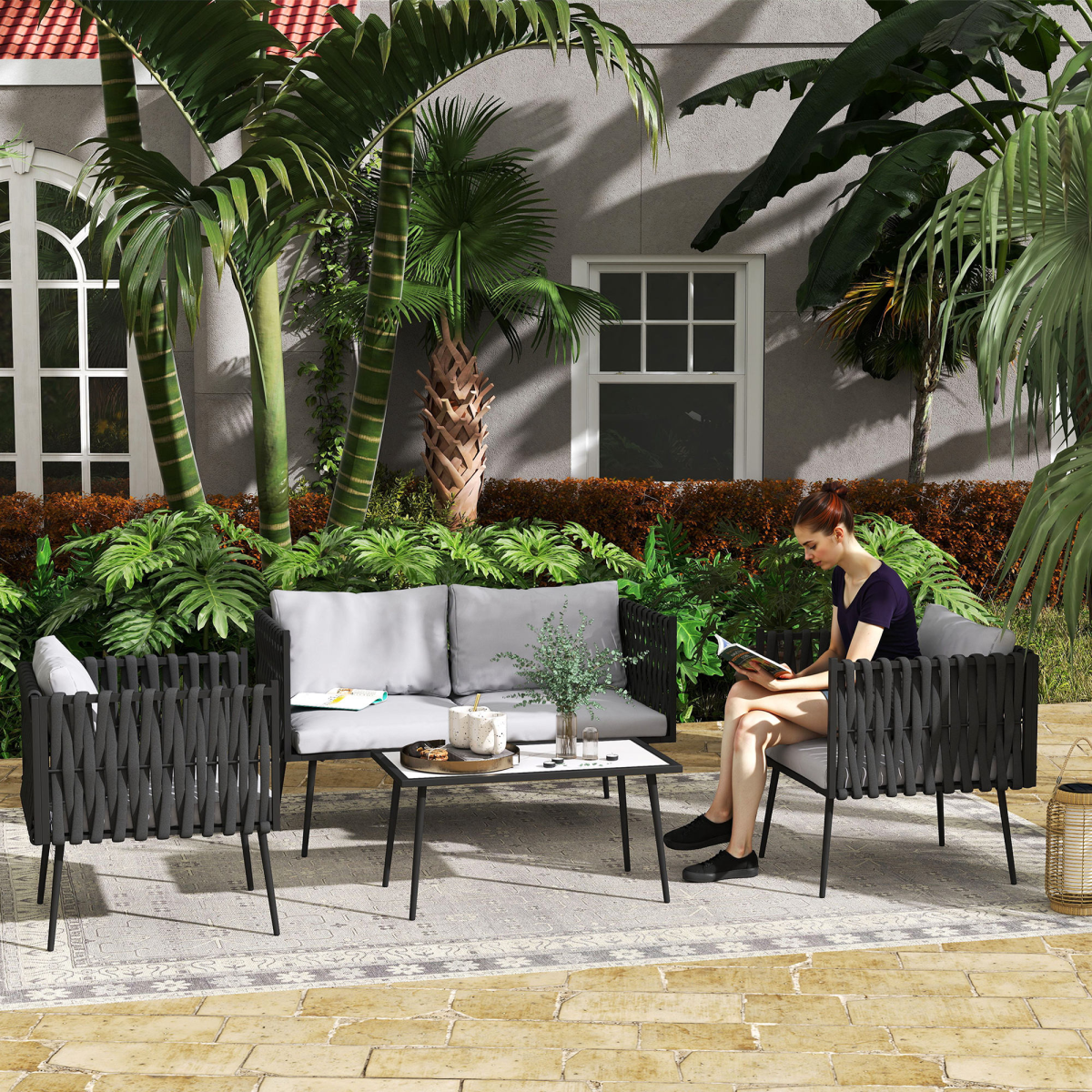 Outsunny 4 Piece Garden Furniture Set with Cushions for Patio, Light Grey