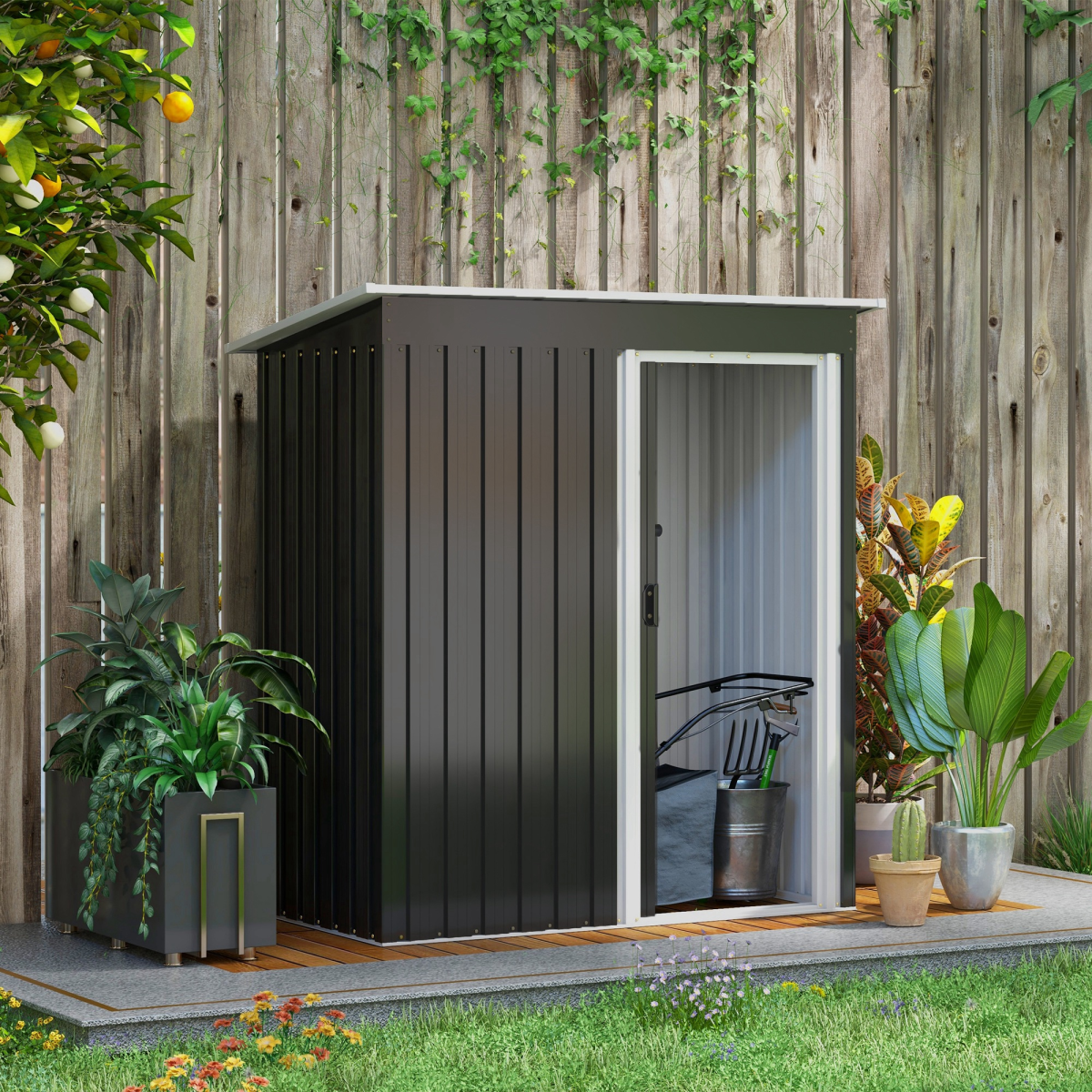 Outsunny 5 x 3ft Garden Storage Shed Sliding Door Sloped Roof Tool, Black