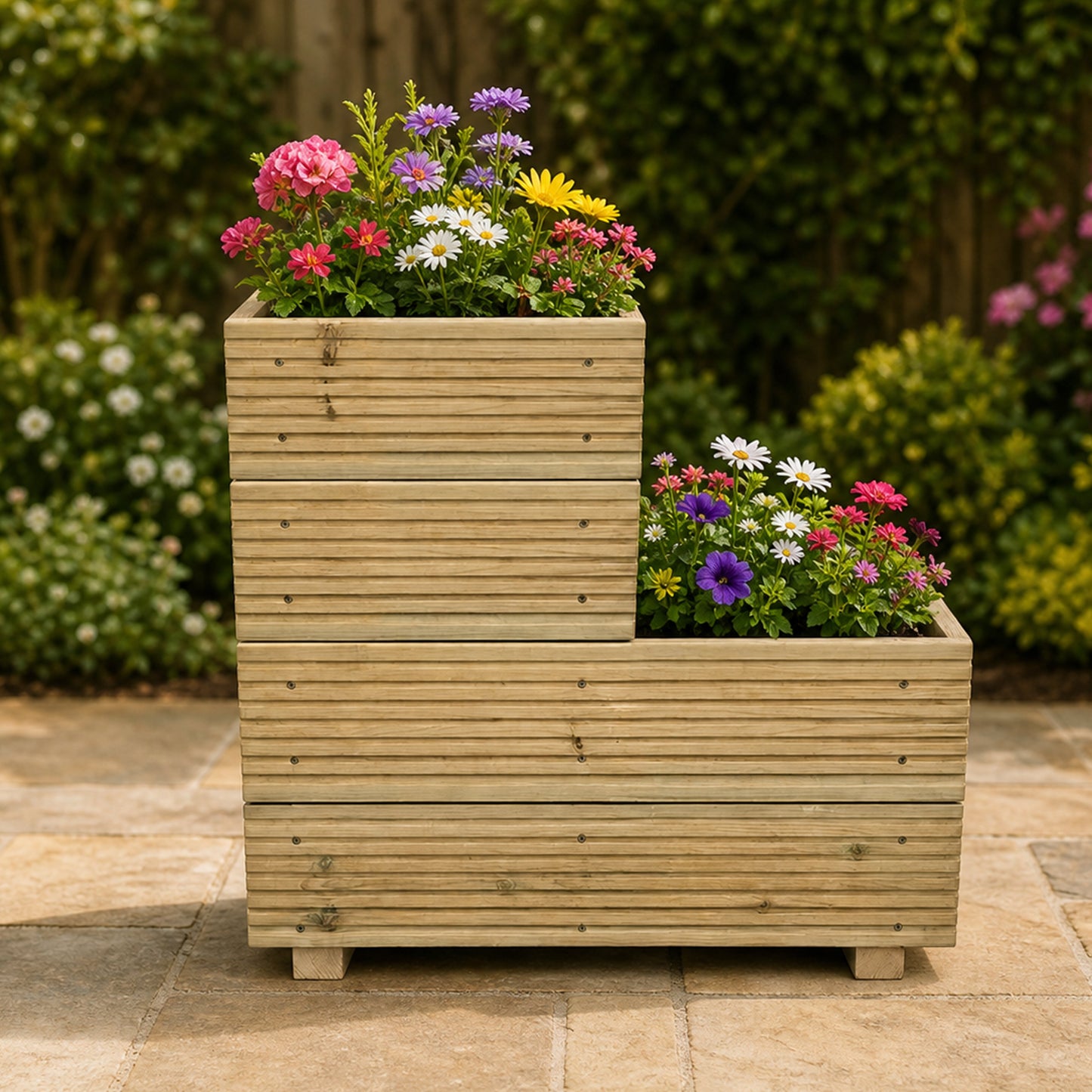 Small 2-Tiered Garden Steps Planter – Pressure-Treated Outdoor Wooden Planter 57 × 35 × 63 cm