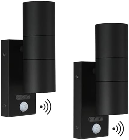 Kerry Outside Wall Lights with Sensor, IP65 Waterproof Up Down Outdoor Lighting, External Pir Wall Mount Security Light, Black Stainless Steel Exterior Light Mains Powered - 2 Pack (Bulb Excl.)