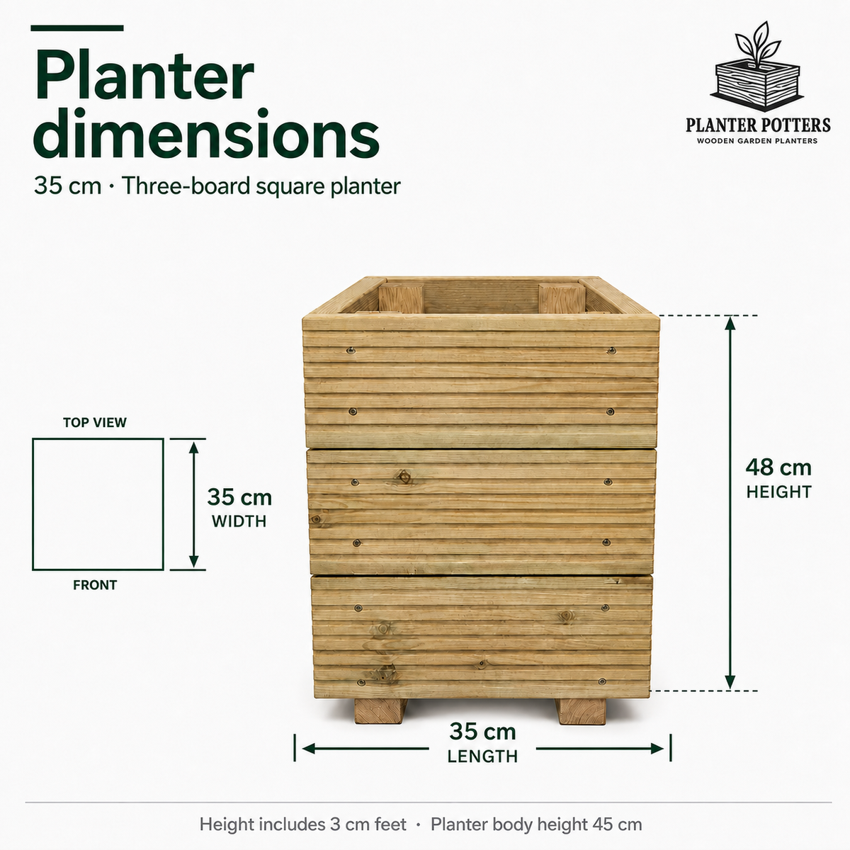 Small Square Wooden Decking Planter – Pressure-Treated Outdoor Herb & Patio Planter 35 × 35 × 48 cm