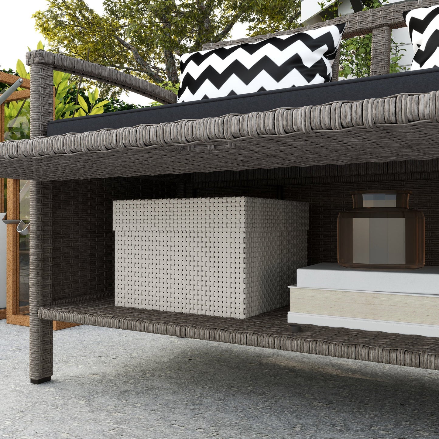 Outsunny 160L Rattan Garden Storage Bench, Cushioned Outdoor Bench, Grey