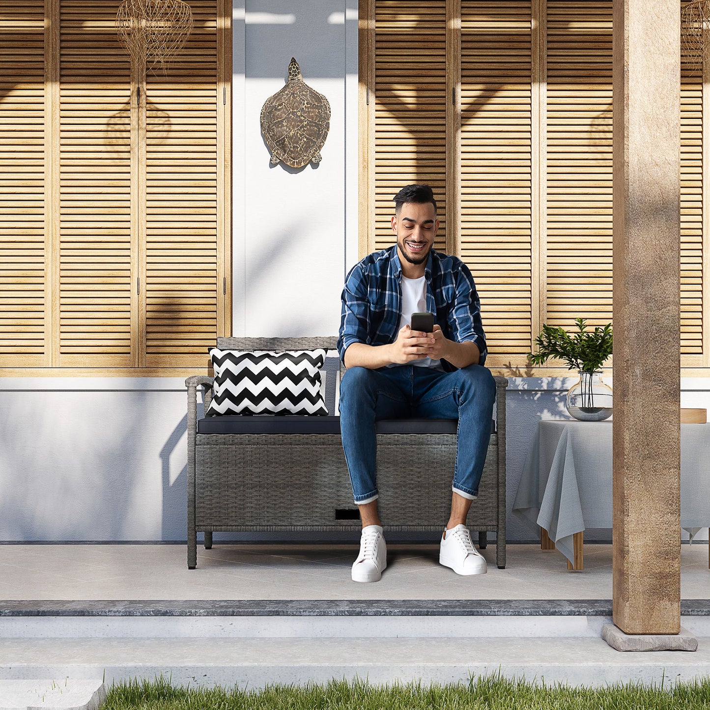 Outsunny 160L Rattan Garden Storage Bench, Cushioned Outdoor Bench, Grey