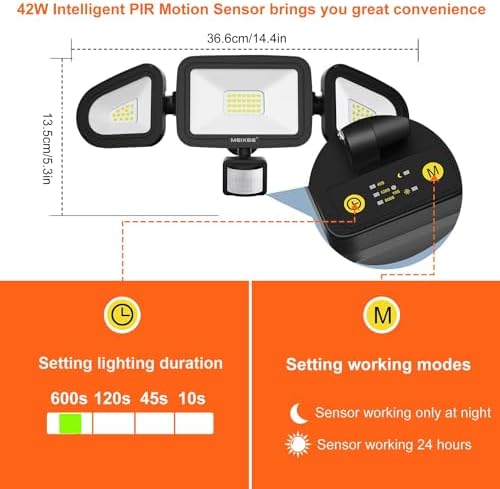 MEIKEE 42W Led Security Lights with Motion Sensor Black PIR Floodlights Outdoor Lights IP66 Waterproof 6500K 180° Adjustable Garden Light for Garage Corridors Terraces Courtyards