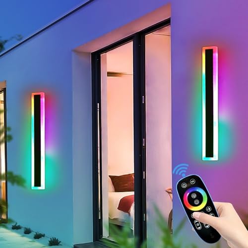 Mikeru 60cm Outdoor RGB Wall Light, 2pack 7RGB Colours Long Wall Light, Dimmable 3000k/4500k/6000k Ip65 Rainproof Acrylic Outdoor Light for Patio, Garden, Balcony, Christmas Parties