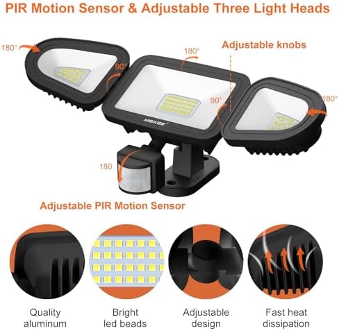 MEIKEE 42W Led Security Lights with Motion Sensor Black PIR Floodlights Outdoor Lights IP66 Waterproof 6500K 180° Adjustable Garden Light for Garage Corridors Terraces Courtyards