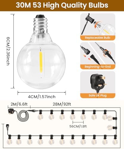 ZYRIVON 30M/100FT Outdoor Lights Mains Powered, 50+3 LED Garden Lights, Shatterproof Waterproof Outside Lights, Warm White String Lights for Garden, Yard, Wedding, Christmas, Gazebo, Fence, Roof