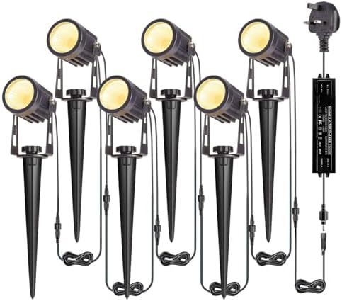 B-right Garden Spotlights Mains Powered, Upgraded Spike Lights Extendable to 12 Garden Uplighters,IP65 Waterproof 12V Low Voltage Outdoor Lights for Pathway Yard Landscape (6Pack,21M,Warm White)