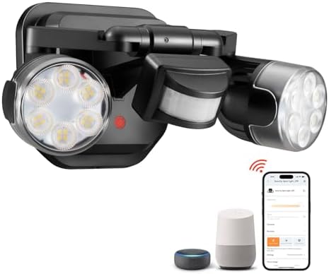 OREiN WiFi Smart Outdoor Lights with Flashing Security Mode, 12W LED Motion Sensor Light with 2 Heads, IP65 Waterproof, Alexa & Google Home Compatible, Hardwired Security Light for Porch, Driveway