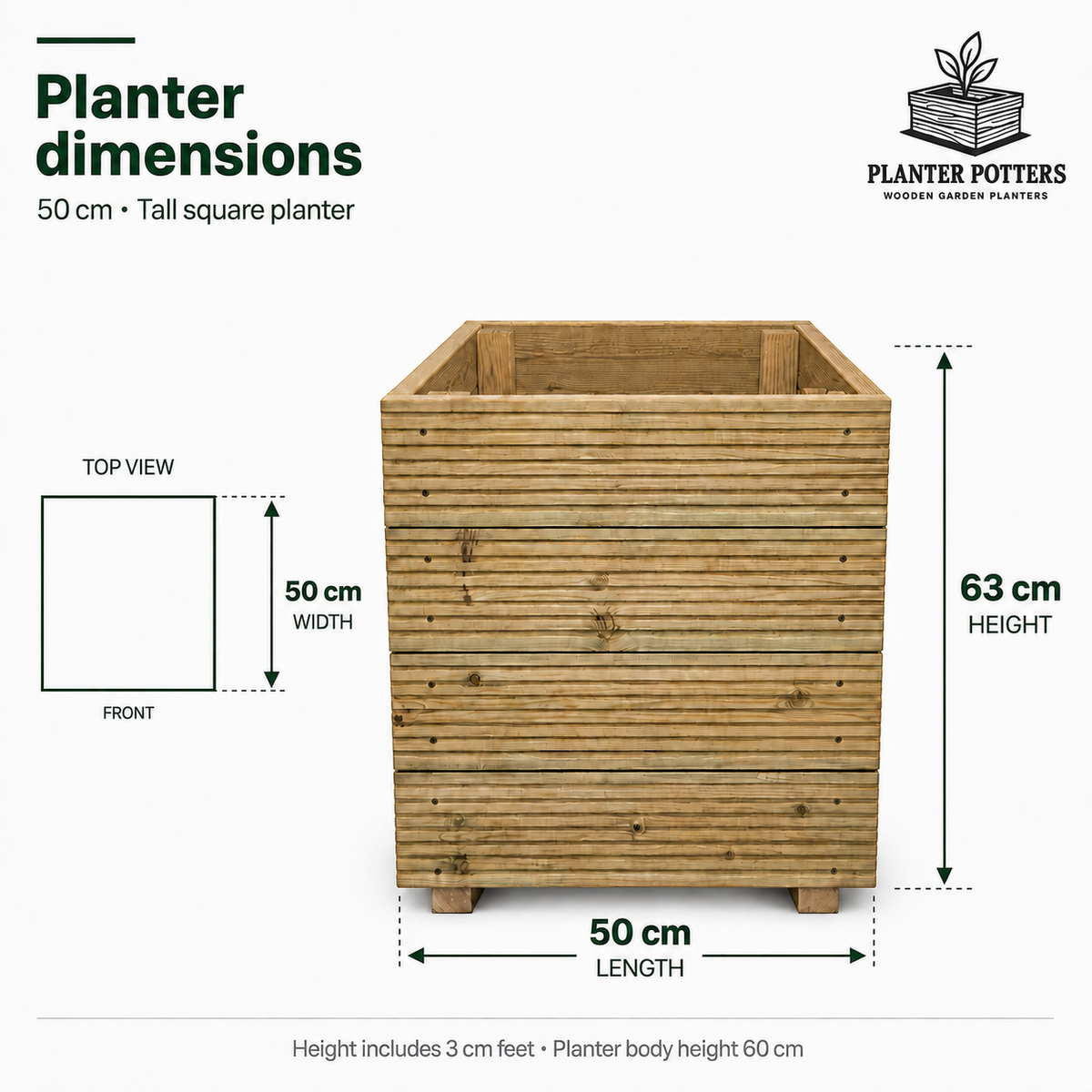 Large Square Tall Wooden Decking Planter  50 × 50 × 63 cm