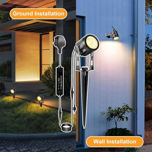 B-right Garden Spotlights Mains Powered, Upgraded Spike Lights Extendable to 12 Garden Uplighters,IP65 Waterproof 12V Low Voltage Outdoor Lights for Pathway Yard Landscape (6Pack,21M,Warm White)