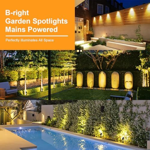 B-right Garden Spotlights Mains Powered, Upgraded Spike Lights Extendable to 12 Garden Uplighters,IP65 Waterproof 12V Low Voltage Outdoor Lights for Pathway Yard Landscape (6Pack,21M,Warm White)