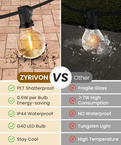 ZYRIVON 30M/100FT Outdoor Lights Mains Powered, 50+3 LED Garden Lights, Shatterproof Waterproof Outside Lights, Warm White String Lights for Garden, Yard, Wedding, Christmas, Gazebo, Fence, Roof