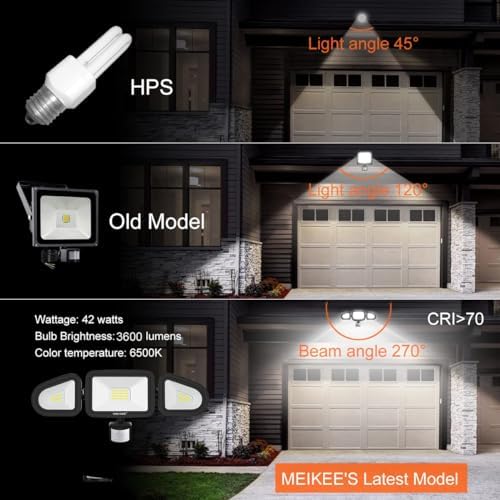 MEIKEE 42W Led Security Lights with Motion Sensor Black PIR Floodlights Outdoor Lights IP66 Waterproof 6500K 180° Adjustable Garden Light for Garage Corridors Terraces Courtyards