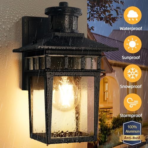 APOTO Motion Sensor Outdoor Lights, Dusk to Dawn Exterior Wall Light 3 Modes, Porch Light Fixture for House, Waterproof Aluminum Anti-Rust Lantern for Garage Entryway, Motion Activated, E27 Bulb Base