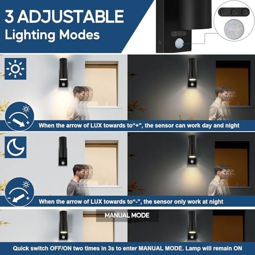 Kerry Outside Wall Lights with Sensor, IP65 Waterproof Up Down Outdoor Lighting, External Pir Wall Mount Security Light, Black Stainless Steel Exterior Light Mains Powered - 2 Pack (Bulb Excl.)