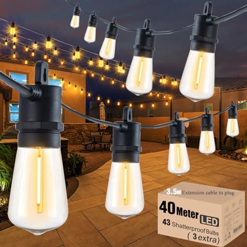 Festoon Lights Outdoor 40M Mains IP65 with 43 LED 2700K Bulbs Outdoor Lights for Indoor Outside Patio Pergola Decor, 3.5M Extension Cable Built-in