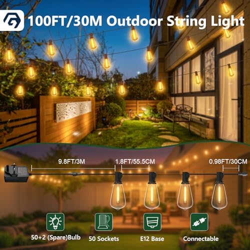 Festoon Lights Outdoor 100FT/30M, Warm White ST38 Garden Lights, Waterproof Outdoor Light Mains Powered with 50+2 Plastic LED Bulbs, Led String Light for Patio Balcony Party Wedding