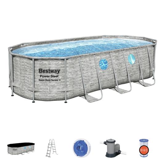 Bestway 18ft x 9ft x 48" Oval Steel Pro Max™ Splashview Above Ground Swimming Pool, Filter Pump & Accessories