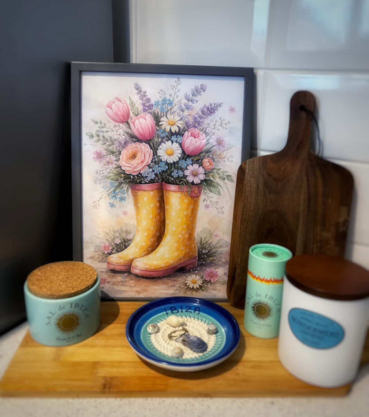 Spring Wellies Wall Art – Yellow Rain Boots with Flowers Watercolour Print Cottagecore Floral Spring Decor