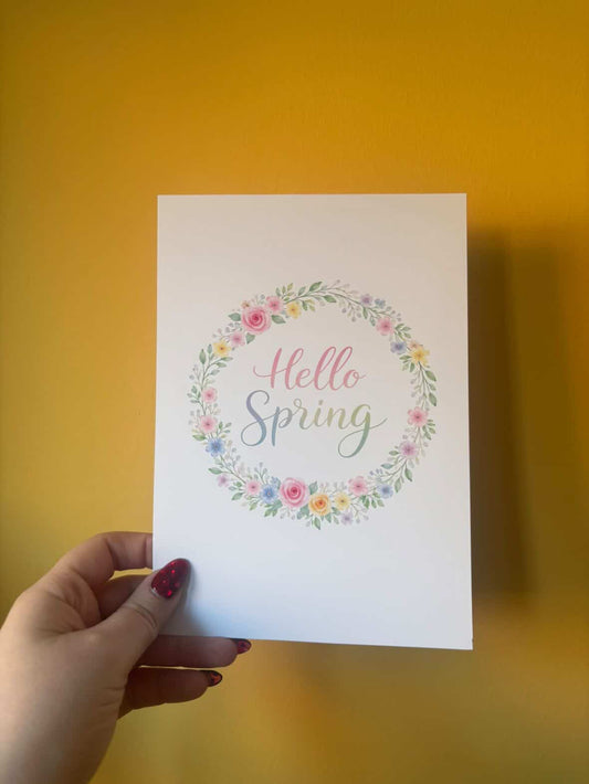 Hello Spring Floral Wreath Wall Art – Pastel Spring Quote Print, Watercolour Flower Home Decor