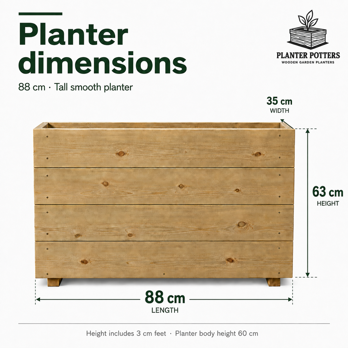 Tall Smooth Wooden Decking Patio Planter –  88 × 35 × 63 cm