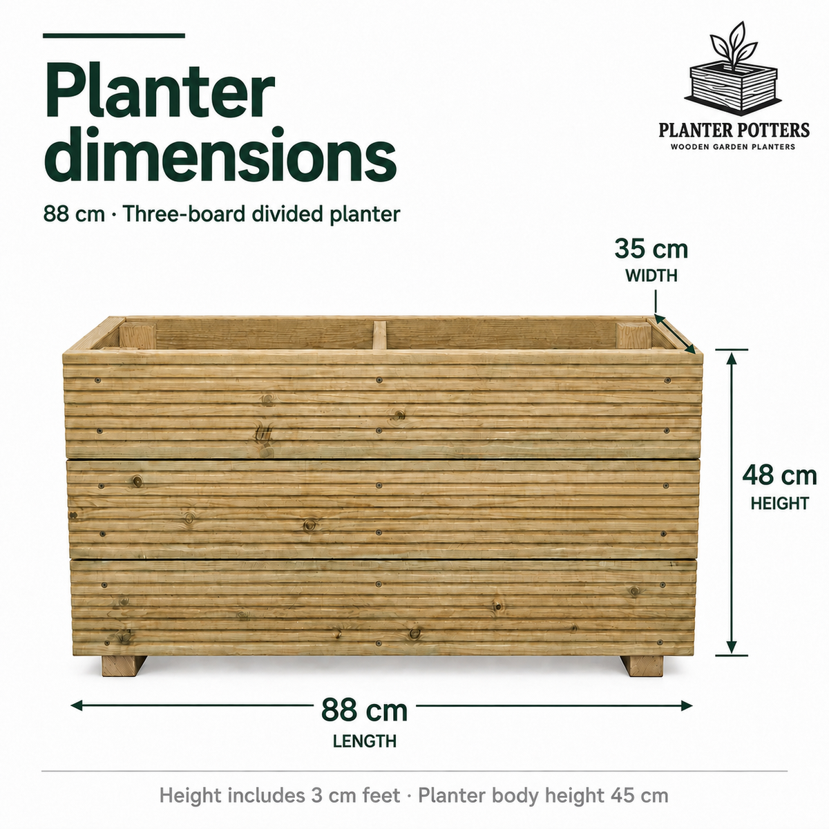 Large Solid Wooden Patio Planter With Central Divide – 88x35x48cm