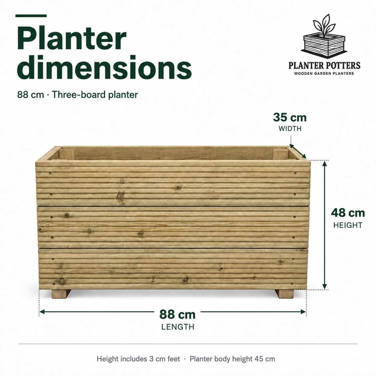 Large Wooden Decking Planter – Triple-Board 88 × 35 × 48 cm