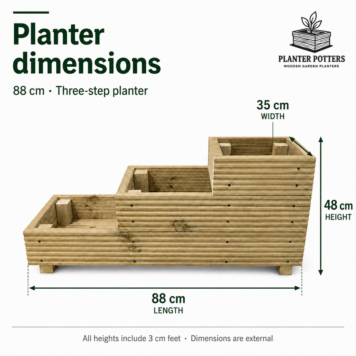 Three-Tier Wooden Decking Planter – 88 × 35 × 48 cm