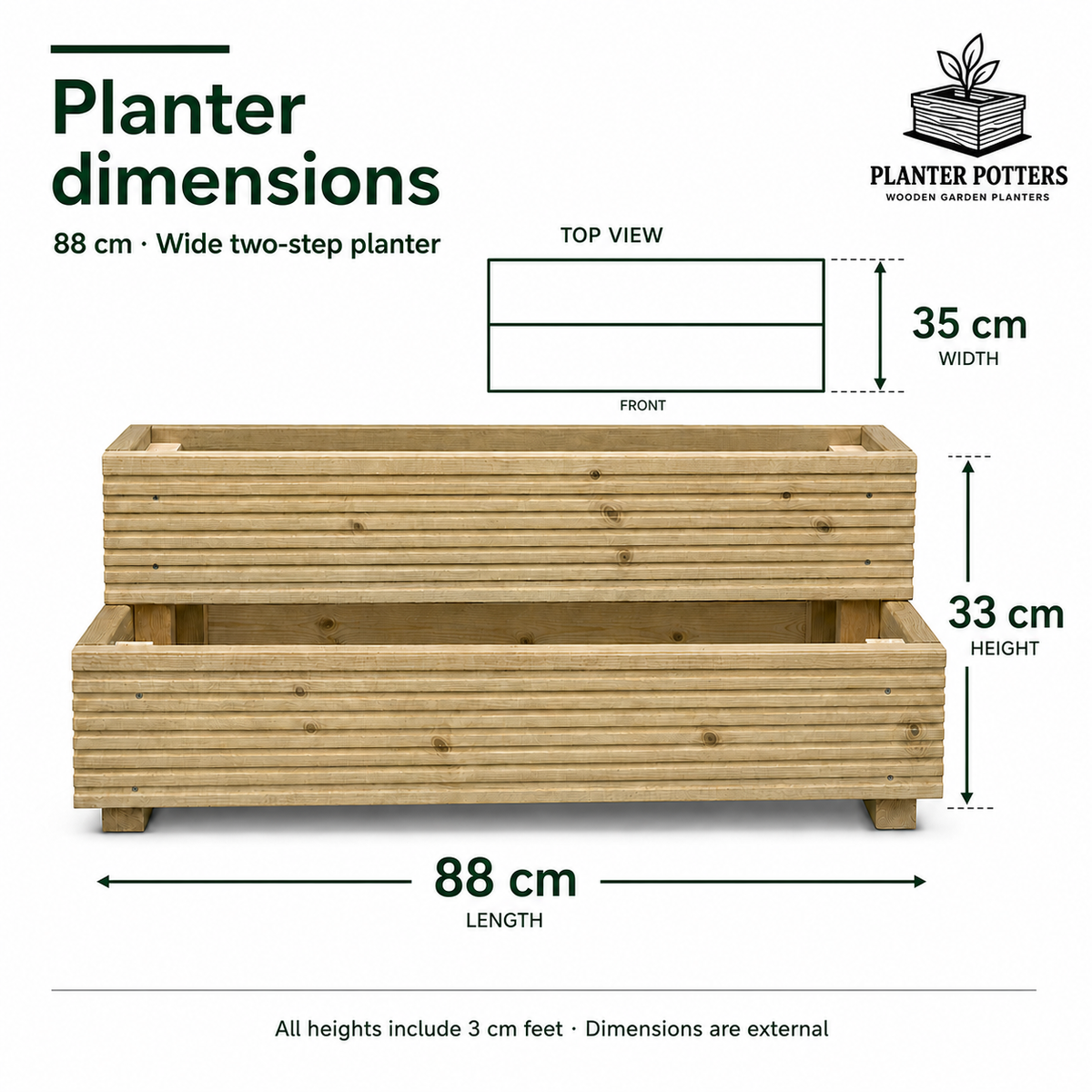 Large 2-Tier Wooden Decking Planter – 88 × 35 × 33 cm