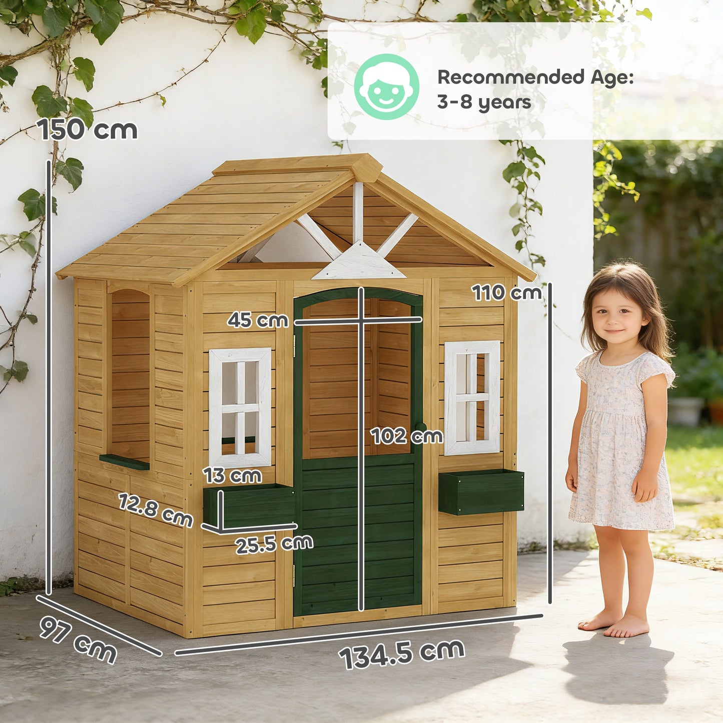 AIYAPLAY Outdoor Kids Playhouse, Wooden Wendy House with Door, 3 Windows, 2 Flower Boxes for Garden, Indoor Playroom