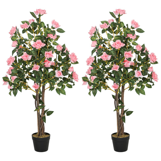 HOMCOM Set of 2 Decorative Artificial Plants Rose Trees in Pot, Pink
