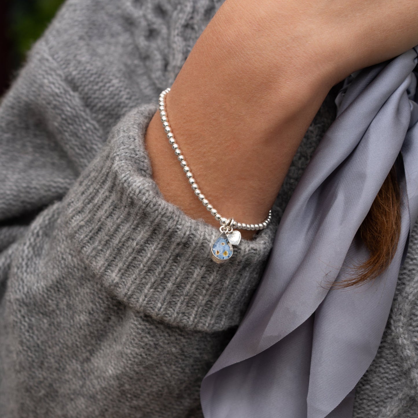 Forget-Me-Not Stretch Silver Beaded Bracelet
