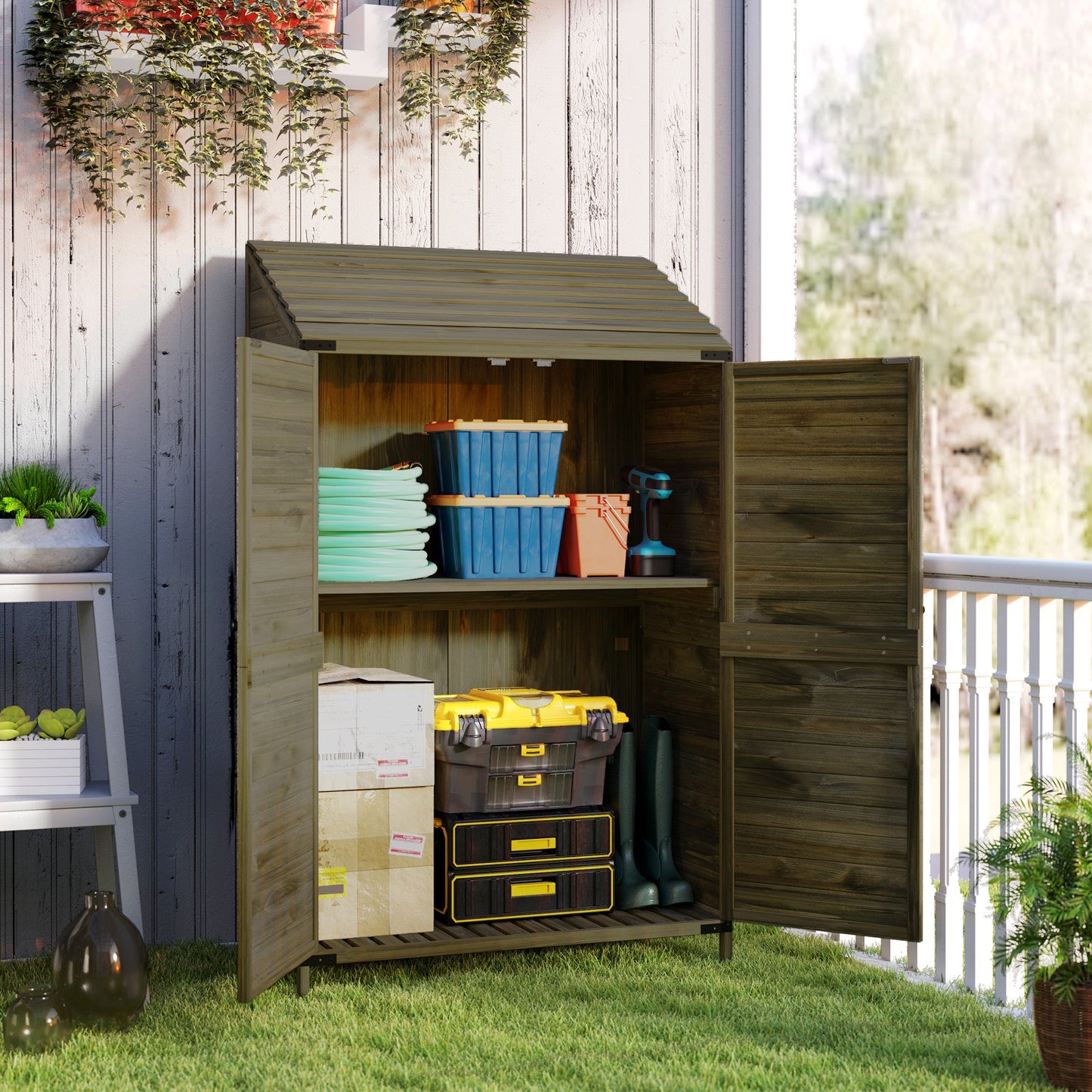 Outsunny Wooden Garden Storage Shed w/Double Doors and Shelves, Green